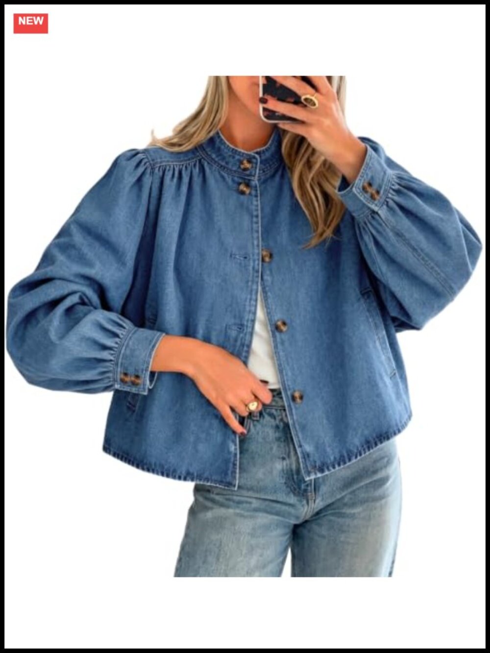 Womens Puff Sleeve Denim Jacket Button Down Loose Fit Casual
